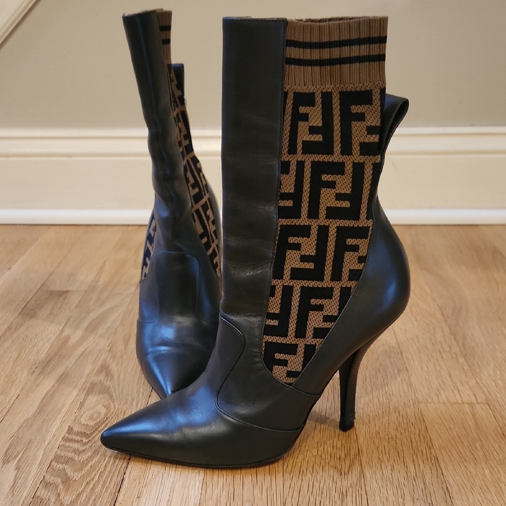 Fendi Black and Tan Patterned Heeled Boots